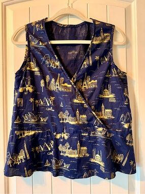 Sleeveless Navy and Gold Wrap-Style Women's Top Possibly handmade